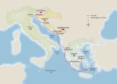 Viking Sea - 9 Night - Empires of the Mediterranean : Athens to Venice - Viking Sea - Starting in Athens with stops in Santorini, Katakolon, Corfu, Kotor, Dubrovnik, Zadar.. itinerary map