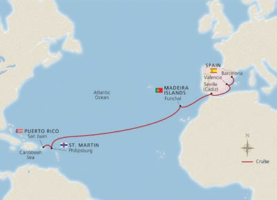 Viking Sea - 13 Night - West Indies to Spain : San Juan to Barcelona - Viking Sea - Starting in San Juan with stops in Philipsburg, Cruise the Atlantic Ocean, Madeira, Cad.. itinerary map