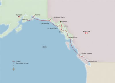 Viking Orion - 10 Night - Alaska & the Inside Passage : Seward to Vancouver - Viking Orion - Starting in Seward with stops in Valdez, Scenic Cruising: Yakutat Bay, Icy Strai.. itinerary map