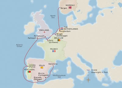 Viking Jupiter - 14 Night - Trade Routes of the Middle Ages : Barcelona to Bergen - Viking Jupiter - Starting in Barcelona with stops in Murcia, Granada, Cruise the Atlantic O.. itinerary map