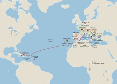 Viking Sea - 25 Night - Caribbean & Mediterranean Odyssey : San Juan to Venice - Viking Sea - Starting in San Juan with stops in Philipsburg, Cruise the Atlantic Ocean, Ma.. itinerary map