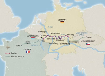 Viking Idi - 11 Night - Cities of Light : Paris to Prague - Viking Idi - Starting in Paris with stops in Reims, Bernkastel, Cochem, Koblenz, Heidelberg, Wurzburg, Bamberg,.. itinerary map