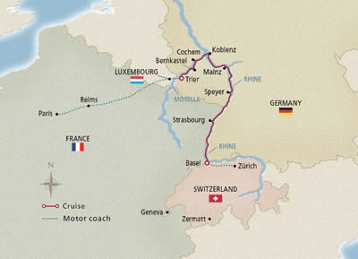 Viking Idi - 11 Night - Paris to the Swiss Alps : Zurich to Paris - Viking Idi - Starting in Zurich with stops in Basel, Strasbourg, Speyer, Mainz, Koblenz, Cochem, Trier,.. itinerary map