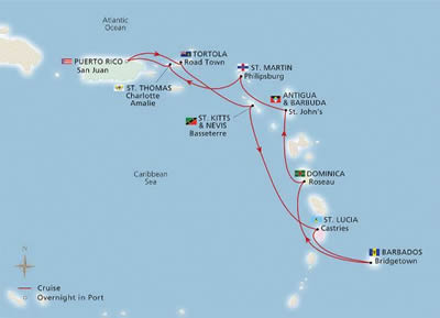 Viking Sea - 10 Night - West Indies Explorer : San Juan to San Juan - Viking Sea - Starting in San Juan with stops in Tortola, St. Kitts, Castries, Bridgetown, Roseau, St... itinerary map