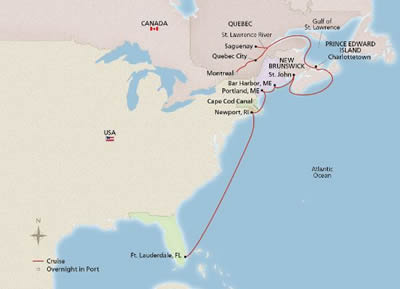 Viking Star - 14 Night - Canada & New England Scenic Shores - Montreal to Ft. Lauderdale - Viking Star - Starting in Montreal with stops in Quebec City, Saguenay, Scenic Cr.. itinerary map