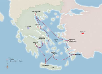Viking Sea - 10 Night - Greek Odyssey - Athens to Athens - Viking Sea - Starting in Athens with stops in Volos, Thessaloniki, Scenic Cruising: Mt. Athos, Kusadasi, Rhodes,.. itinerary map