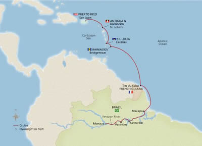 Viking Sea - 12 Night - Amazon & Caribbean Adventure - Manaus to San Juan - Viking Sea - Starting in Manaus with stops in Parintins, Santarem, Cruise the Amazon River, Sai.. itinerary map