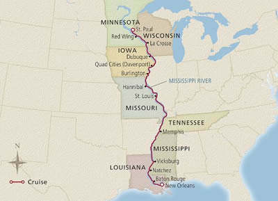 Viking Mississippi - 14 Night - America's Great River - New Orleans to St. Paul - Viking Mississippi - Starting in New Orleans with stops in Baton Rouge, Natchez, Vicksburg, Sceni.. itinerary map