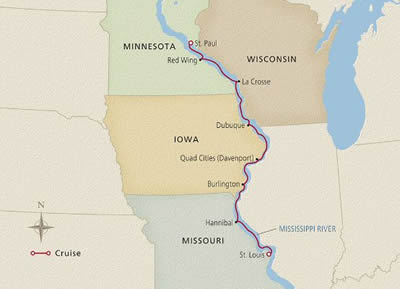 Viking Mississippi - 7 Night - America's Heartland : St. Louis to St. Paul - Viking Mississippi - Starting in St. Louis with stops in Hannibal, Burlington, Quad Cities, Dubuque, L.. itinerary map