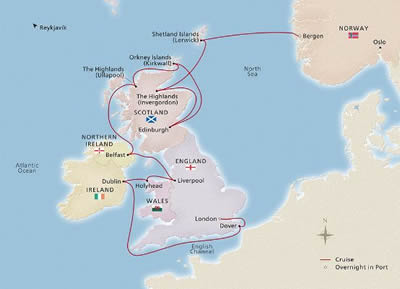 Viking Jupiter - 14 Night - British Isles Explorer : London to Bergen - Viking Jupiter - Starting in London with stops in Greenwich, Dover, Scenic Sailing: English Channel, Du.. itinerary map