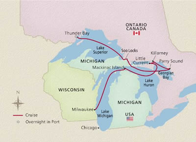 Viking Octantis - 7 Night - Great Lakes Explorer : Milwaukee to Thunder Bay - Viking Octantis - Starting in Milwaukee with stops in Mackinac Island, Georgian Bay, Scenic Cruisi.. itinerary map
