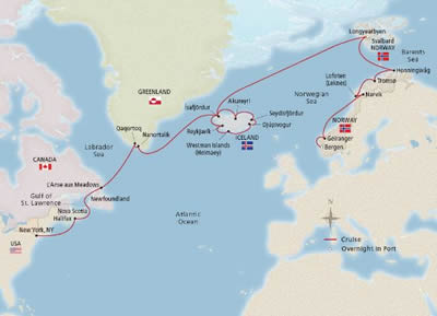 Viking Mars - 28 Night - NEW! Greenland, Iceland, Norway & Beyond : Bergen to New York City - Viking Mars - Starting in Bergen with stops in Geiranger, Norwegian Inside Pas.. itinerary map