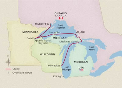 Viking Octantis - 7 Night - Undiscovered Great Lakes : Thunder Bay to Milwaukee - Viking Octantis - Starting in Thunder Bay with stops in Duluth, Apostle Islands, Houghton, Sce.. itinerary map