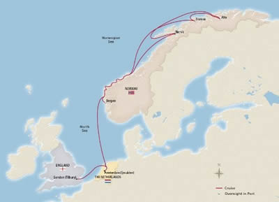 Viking Venus - 12 Night - In Search of the Northern Lights : London to Bergen - Viking Venus - Starting in Tilbury with stops in Amsterdam (Ijmuiden), Sail the North Sea, Sc.. itinerary map