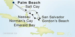 SeaDream II - 7 Night - Bountiful Bahamas - SeaDream II - Starting in Palm Beach with stops in Nassau, Norman's Cay, Emerald Bay, Gordon's Beach, San Salvador, Salt Cay itinerary map