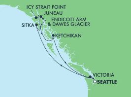NCL Norwegian Bliss - 7 Night - Cruise to Alaska: Dawes Glacier, Juneau & Ketchikan from Seattle, Washington - NCL Norwegian Bliss - Starting in Seattle with stops in Sitka, Juneau.. itinerary map
