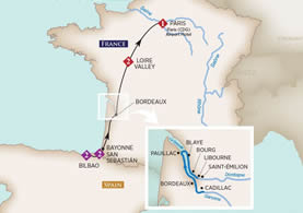 AmaDolce - 14 Night - Taste of Bordeaux : 7- Night Cruise With 4 Nights Pre-Cruise And 3 Nights Post-Cruise : Bilbao to Paris - AmaDolce - Starting in Bilbao with stops.. itinerary map