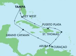 NCL Norwegian Dawn - 11 Night - Cruise to Caribbean: Curacao, Aruba & Dominican Republic from Tampa, Florida - NCL Norwegian Dawn - Starting in Tampa with stops in Key West, Amber.. itinerary map