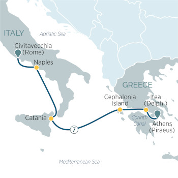 Emerald Azzurra - 8 Night - Ionian Sea Adventure: Athens (Piraeus) to Civitavecchia (Rome) aboard  (Cruise) - Emerald Azzurra - Starting in Piraeus with stops in Itea (Delphi),.. itinerary map