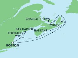 NCL Norwegian Pearl - 7 Night - Cruise to Canada & New England: Portland & Bar Harbour from Boston, Massachusetts - NCL Norwegian Pearl - Starting in Boston with stops in Charlotte.. itinerary map