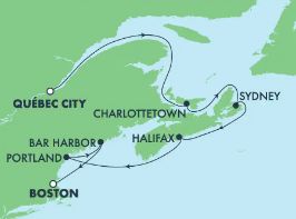 NCL Norwegian Pearl - 7 Night - Cruise to Canada & New England to Boston from Quebec City, Quebec - NCL Norwegian Pearl - Starting in Quebec City with stops in Charlottetown, Sydne.. itinerary map