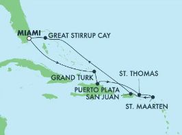 NCL Norwegian Sky - 9 Night - Cruise to Caribbean: Great Stirrup Cay & Dominican Republic from Miami, Florida - NCL Norwegian Sky - Starting in Miami with stops in Grand Turk, Pu.. itinerary map